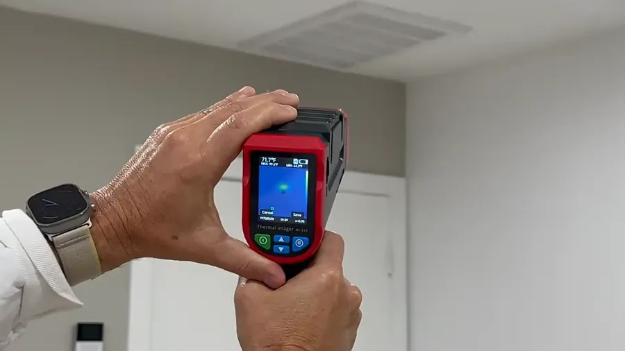 Infrared moisture mapping confirming a leak boundary in a Tyler TX wall cavity